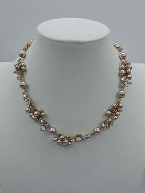 J. Crew Gold-Tone Necklace with Blush Pearl Clusters and Clear Crystals